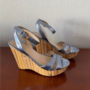 Prada Silver and Tan Wedge Sandals